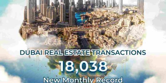 Dubai skyline with skyscrapers including Burj Khalifa, reflecting in water, promoting Dubai real estate market statistics.