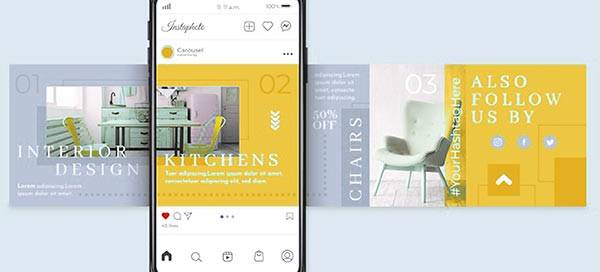 Stylish modern interior design and furniture promotion on social media, featuring kitchen, chair, and decor visuals with promotional discounts and follow prompts.