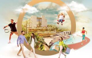 Luxurious Dubai property investment concept showing modern buildings, outdoor pool, and people enjoying recreational activities like walking, running, and swinging on a playground.