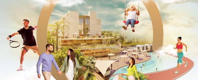 Luxurious Dubai property investment concept showing modern buildings, outdoor pool, and people enjoying recreational activities like walking, running, and swinging on a playground.
