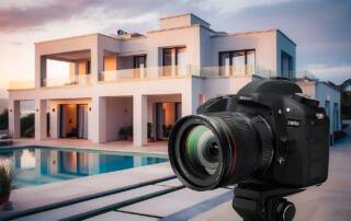 Nikon D850 camera with lens mounted in front of a modern luxury villa with a swimming pool at sunset, highlighting professional photography equipment and upscale residential architecture.