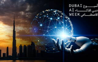 Futuristic robotic hand touching a digital globe with Dubai skyline in the background at sunset, representing AI, technology, and innovation in Dubai AI Week.