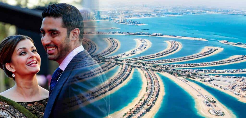 Beautiful couple smiling with a Dubai skyline and artificial islands in the background, showcasing luxury living, iconic architecture, and breathtaking views in Dubai, UAE.