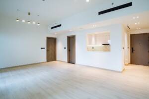 Modern uncluttered living space in Dubai with minimalistic design, wooden doors, and open kitchen focusing on upscale interior design and luxury lifestyle.