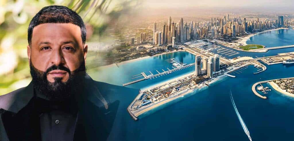 Luxury man with beard in formal black suit and bow tie, city skyline and marina of Dubai in the background, modern skyscrapers, waterfront development, Dubai skyline aerial view, luxury lifestyle, urban architecture.