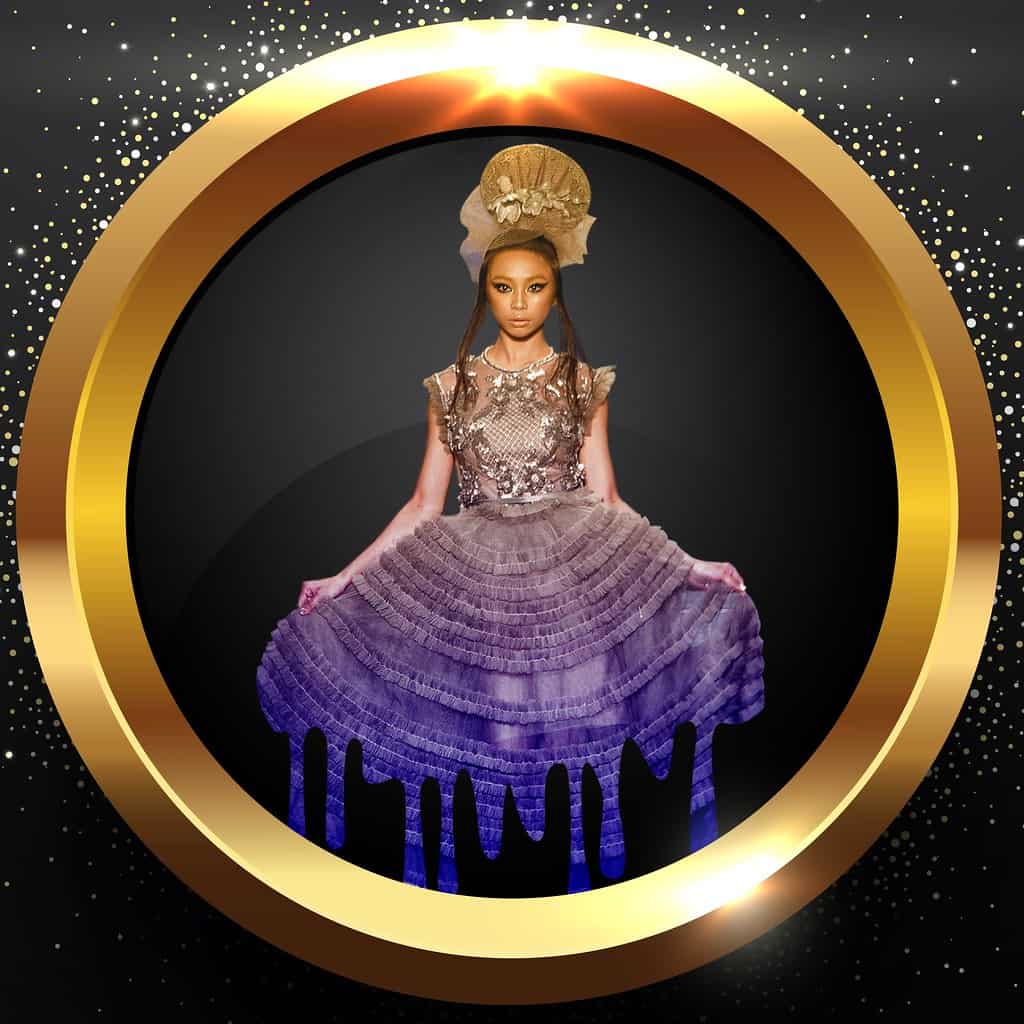 Luxury fashion model wearing metallic top and layered skirt with gold headpiece, glamour fashion shot, Dubai, high-end fashion photography, celebrity style, haute couture, runway fashion, digital marketing specialist image.