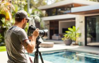 A man with tattoos, wearing a baseball cap and glasses, photographing a modern house with a professional camera on a tripod by a swimming pool in a lush garden.
