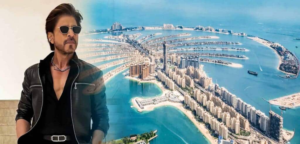 Dubai skyline with skyscrapers and artificial islands, aerial view of luxurious marina and waterfront, modern urban development, exotic travel destination.