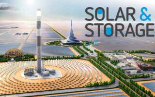 Solar and storage renewable energy farm with solar panels, wind turbines, and green hydrogen facilities for sustainable power generation and storage.