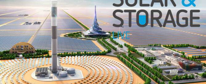 Solar and storage renewable energy farm with solar panels, wind turbines, and green hydrogen facilities for sustainable power generation and storage.
