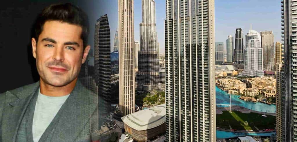 Stunning view of Dubai Marina skyscrapers with a portrait of a handsome man superimposed on the left side of the cityscape. The image highlights modern architecture, luxury high-rise buildings, and vibrant urban life in Dubai.