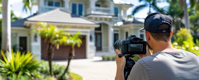 Luxury modern villa with professional photographer capturing real estate property for digital marketing in Dubai. High-quality imagery for real estate marketing and online property listings.