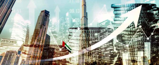 Dubai skyline with skyscrapers and digital finance growth charts, representing innovative digital marketing strategies for Dubai-based businesses.