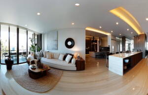 Modern luxury apartment living room in Dubai with stylish furniture and bright natural light, perfect for digital marketing specialists looking for contemporary workspaces.