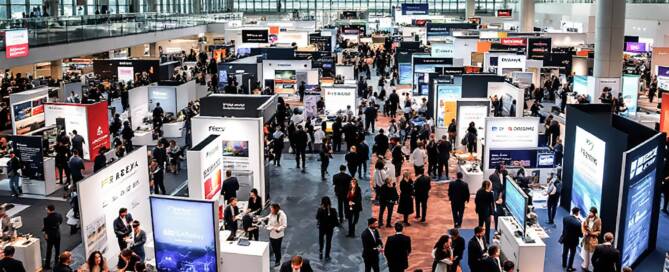 Engaging digital marketing specialist in Dubai showcasing successful tech conference with numerous booths and attendees. Perfect for promoting digital marketing and event management services.