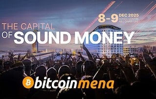 Modern urban conference event promoting cryptocurrency and blockchain technology in Abu Dhabi, featuring a vibrant crowd, city skyline, and event details for Bitcoin MENA 2025.