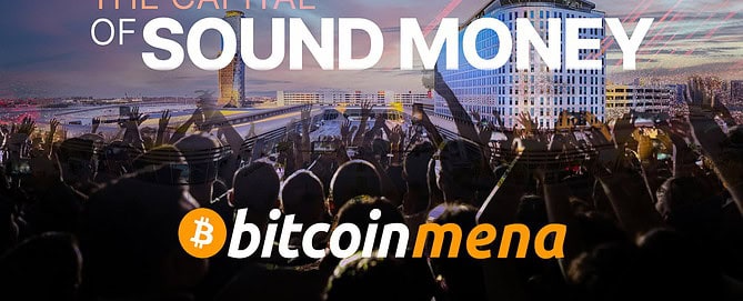 Modern urban conference event promoting cryptocurrency and blockchain technology in Abu Dhabi, featuring a vibrant crowd, city skyline, and event details for Bitcoin MENA 2025.