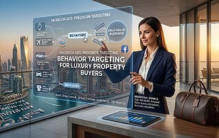Professional woman in a blazer presents a holographic display about behavior targeting for luxury property buyers.
