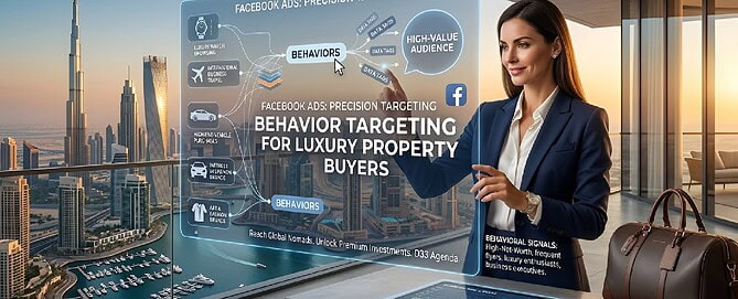 Professional woman in a blazer presents a holographic display about behavior targeting for luxury property buyers.